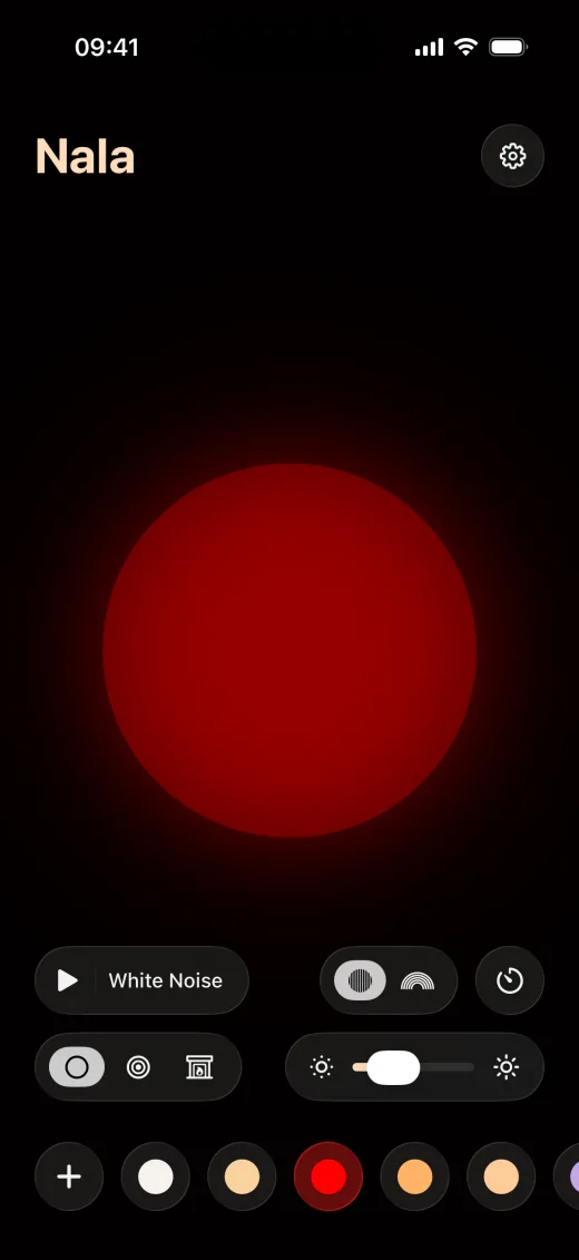 Nala’s red light at 25% brightness, with the brightness slider and the light tray showing