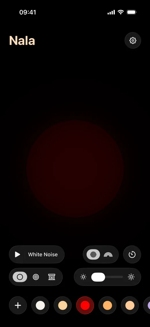 Nala’s red light at 5% brightness, with the brightness slider and the light tray showing