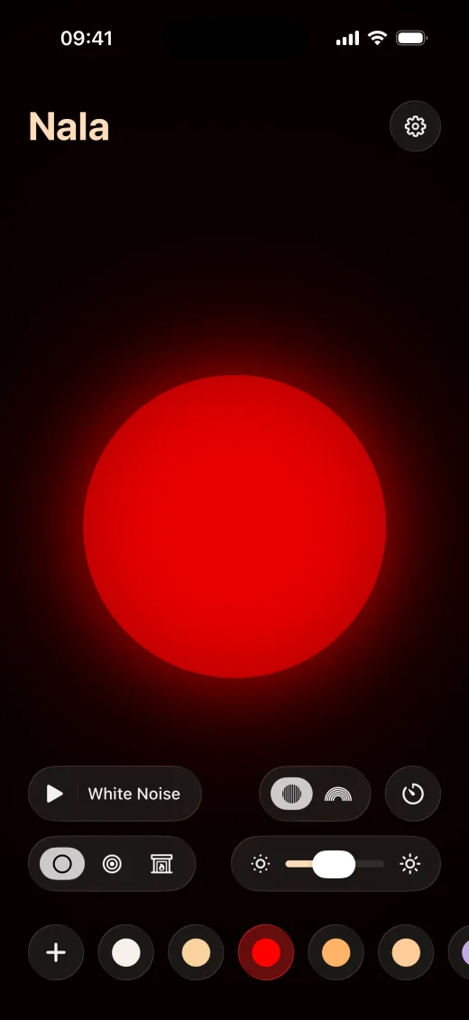 Nala’s red light at 50% brightness, with the brightness slider and the light tray showing