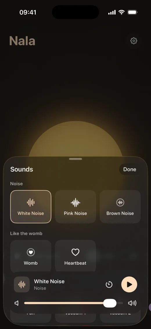 Nala’s sound picker: White Noise selected and free, pink and brown noise with Nala+