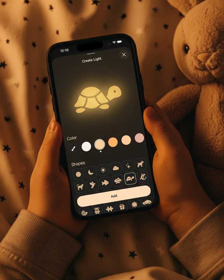 A child holding an iPhone, picking a glowing turtle shape in Nala, next to a stuffed bunny